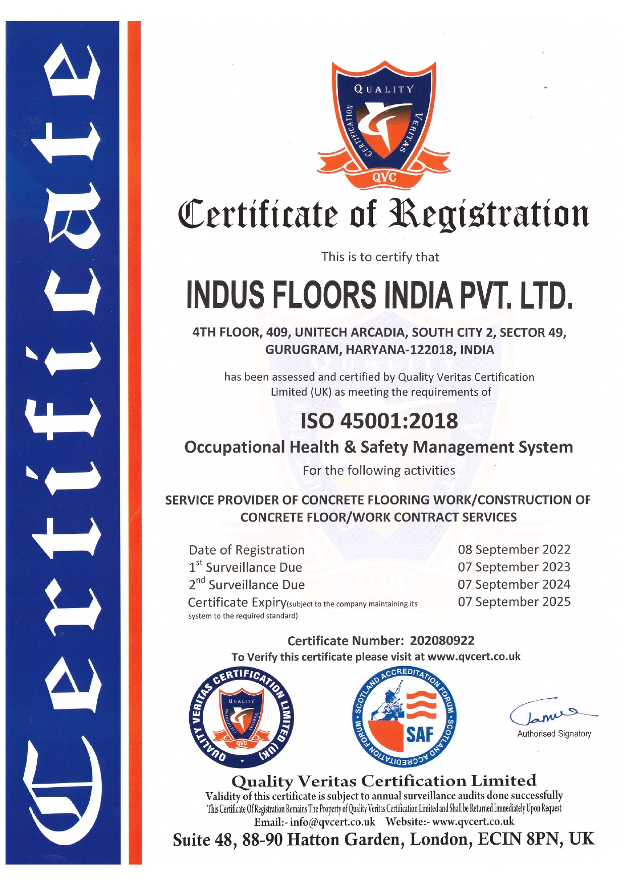 Indus Floors India Pvt. Ltd. Achieves ISO 45001:2018 Certification for Occupational Health & Safety